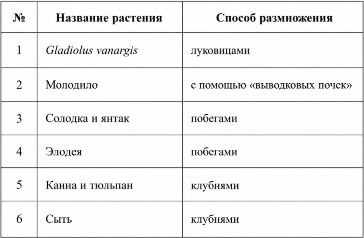 В каком ряду таблицы правильно указан способ вегетативного размножения растений?